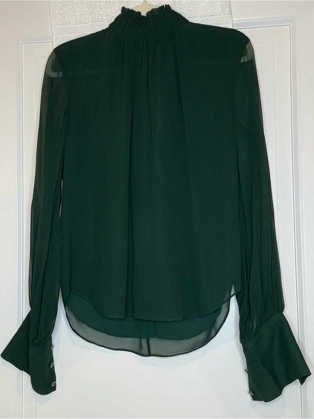 NWT FRAME Silk Long Sleeve Bow Blouse Pine Green High Neck Size S $428 original